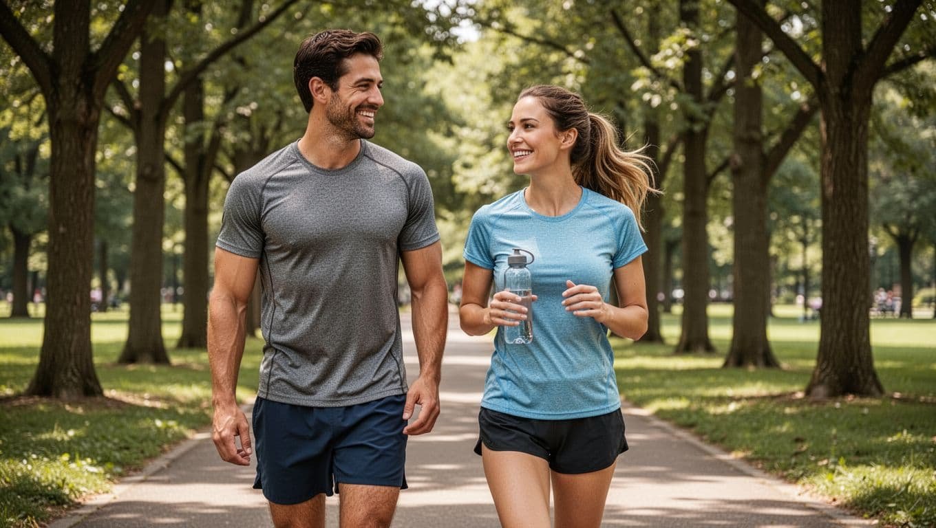 Two fit adults in their early 30s, a man and woman, walking briskly side by side on a tree-lined park path during a sunny morning, dressed in casual athletic clothes, smiling and chatting, one holding a water bottle with relaxed grip.