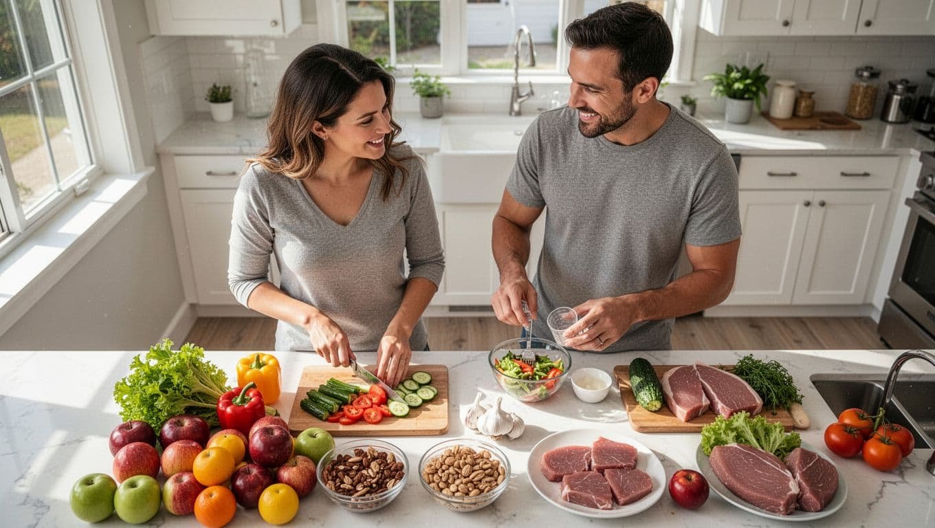 A fit couple in their early 30s smiles at each other while preparing a balanced meal in a sunny kitchen, with the woman chopping vegetables and the man measuring ingredients amid fresh produce.
