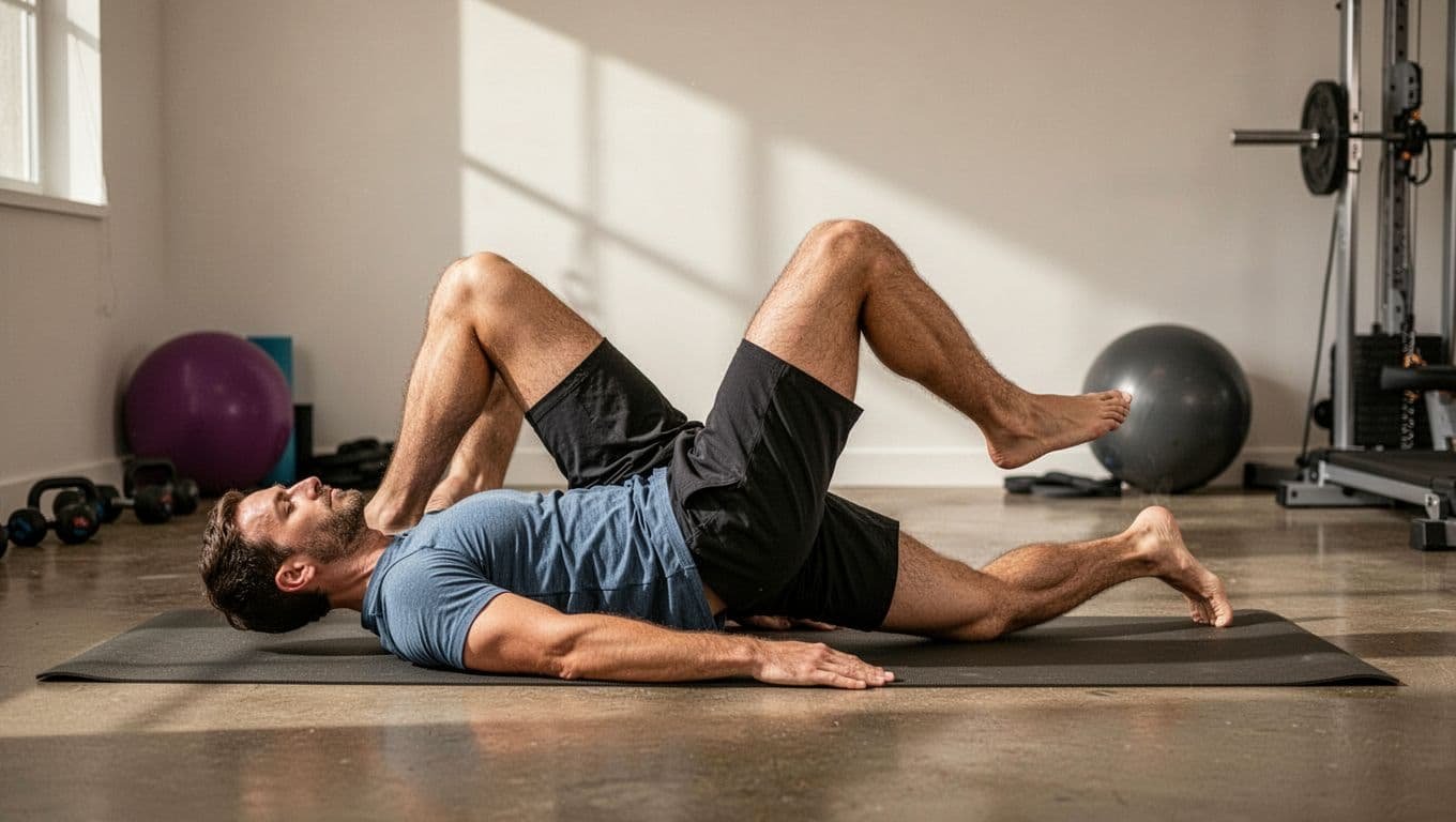 A fit man lies on his back on a yoga mat with knees bent and feet flat, demonstrating leg pumps by pressing one heel into the floor to slightly lift his hips while the other leg relaxes, in a softly lit home gym.