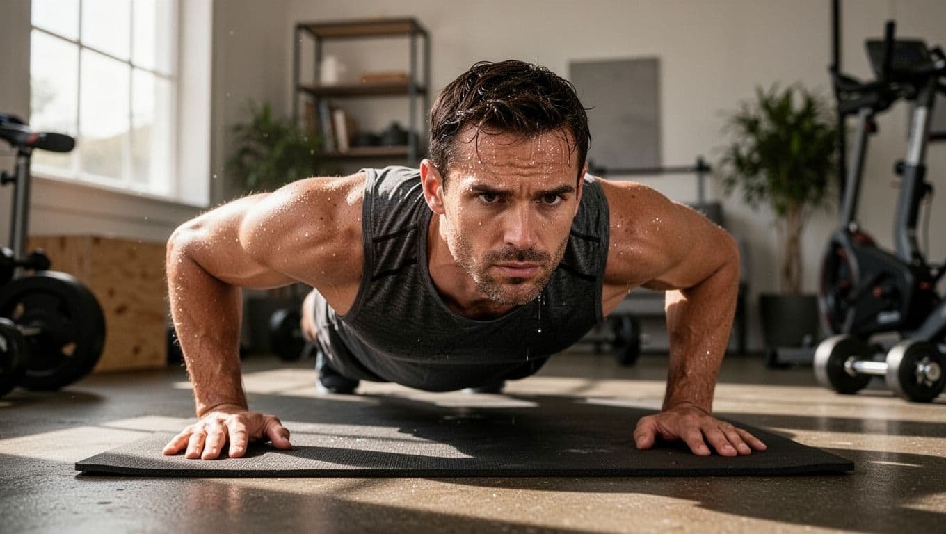 Fit adult male in athletic wear performs push-ups on gym mat in home gym, sweat on forehead, focused expression.