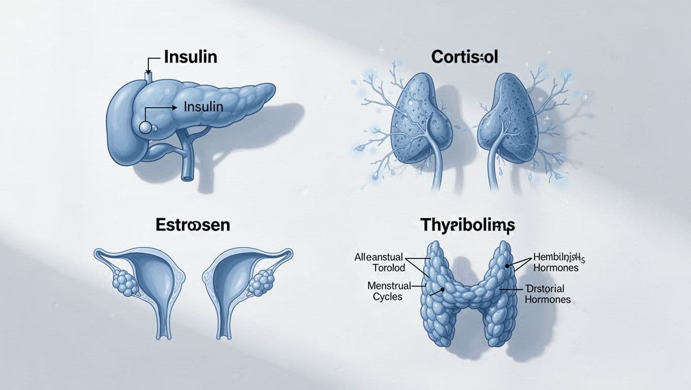 Icons show pancreas regulating blood sugar for insulin, adrenal glands for stress cortisol, ovaries for estrogen cycles, and thyroid for T3 T4 metabolism in light blue on white background.