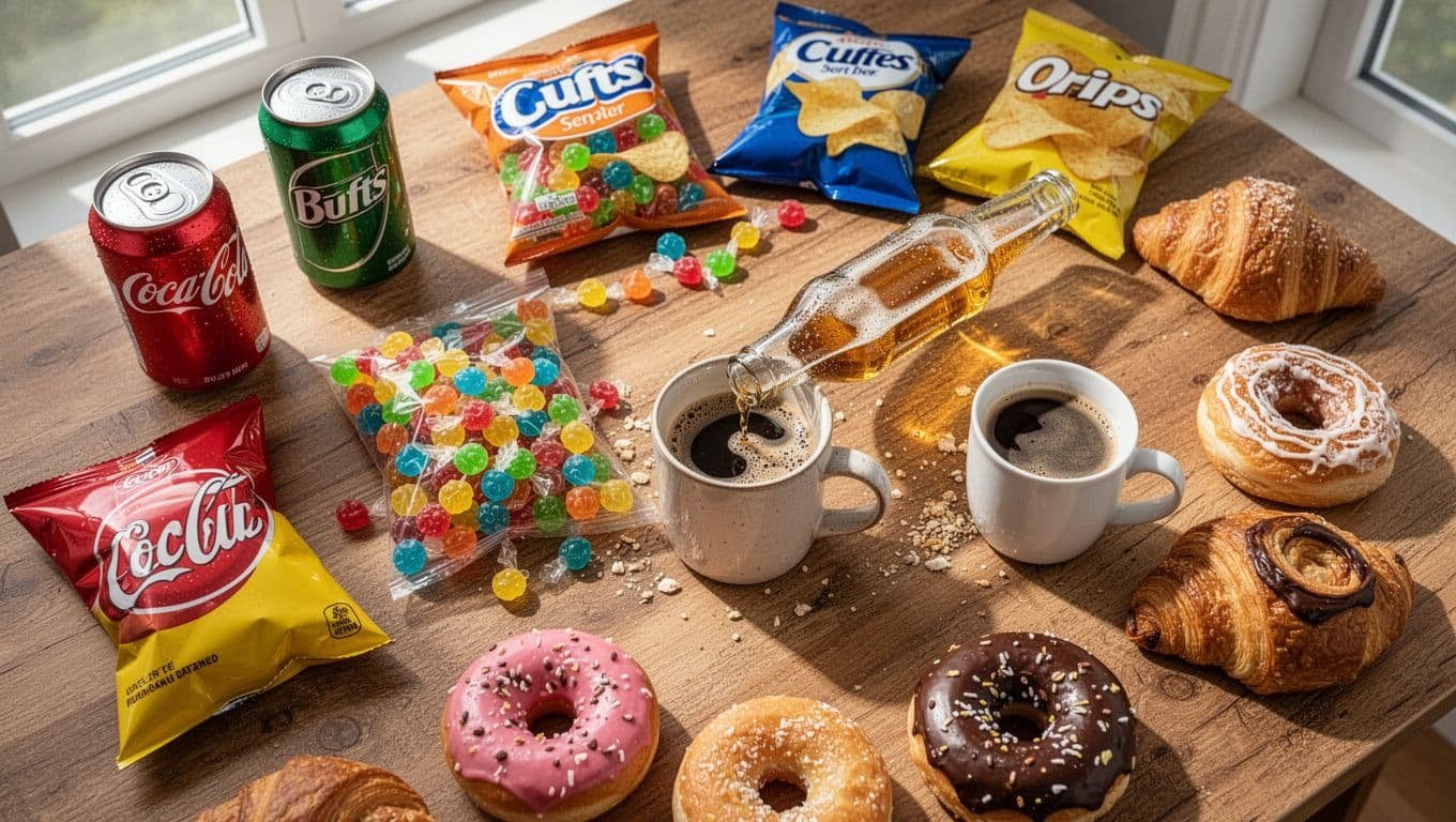 Top-down view of wooden table with soda cans, candy bags, chips, beer bottle, overflowing coffee mug, donuts, and pastries.