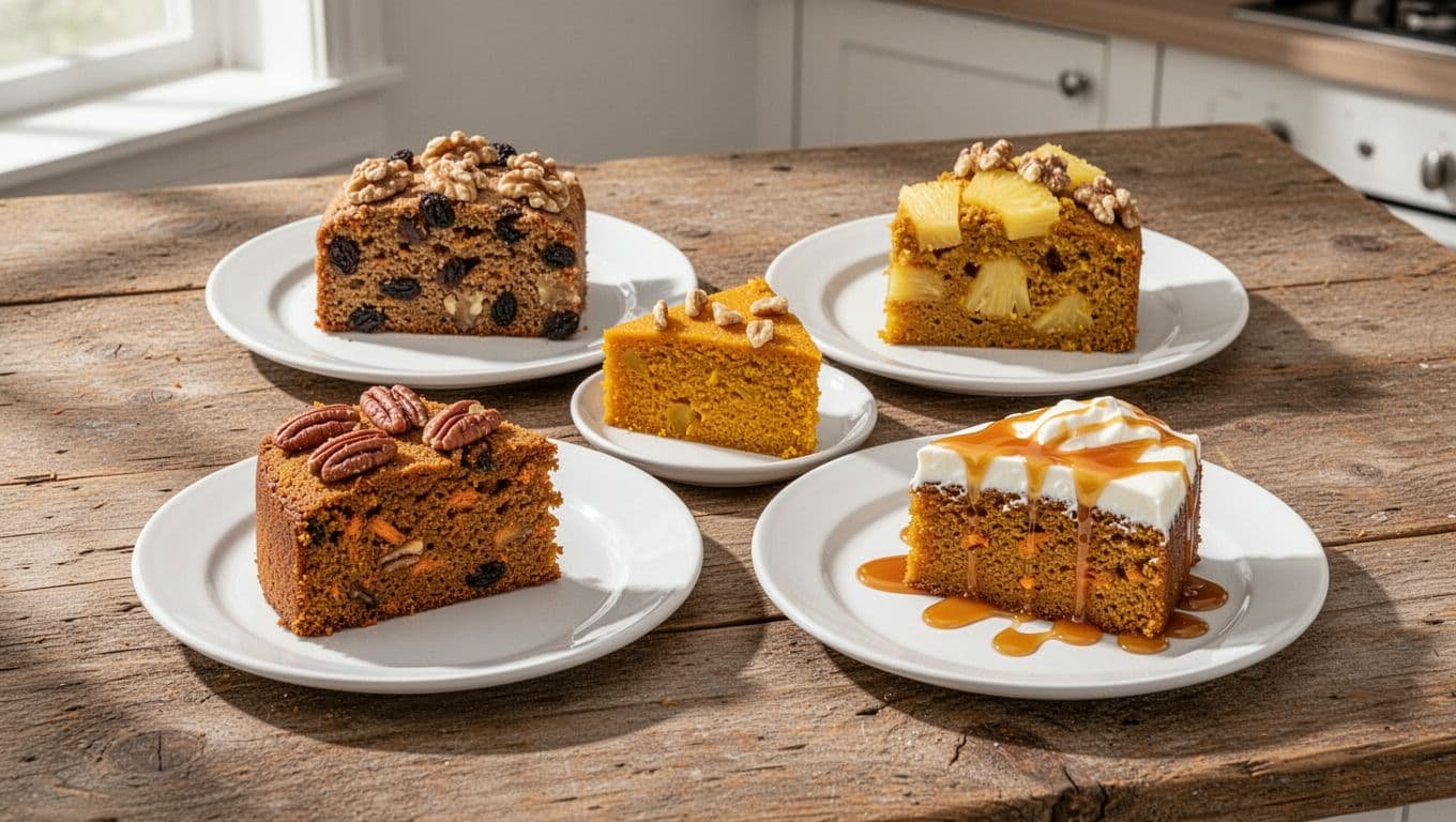 Assortment of four carrot cake variations on white plates: classic with walnuts and raisins, pineapple chunks, pumpkin blend with pecans, and yogurt-enhanced slice with caramel drizzle, arranged on a rustic wooden table in bright kitchen lighting.