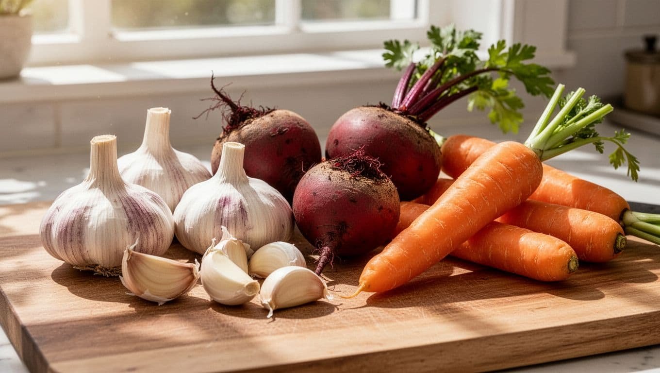 Fresh garlic bulbs with cloves exposed, whole red beets, and orange carrots neatly arranged on a wooden cutting board in a sunlit kitchen under soft natural light.