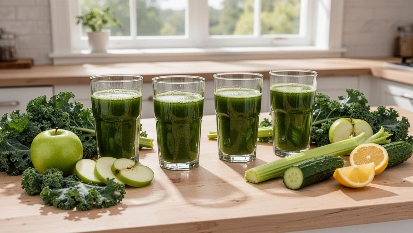 Four clear glasses filled with vibrant green juice on a light wooden table, surrounded by fresh kale leaves, sliced green apples, celery stalks, cucumber halves, and lemon wedges under bright kitchen window light.