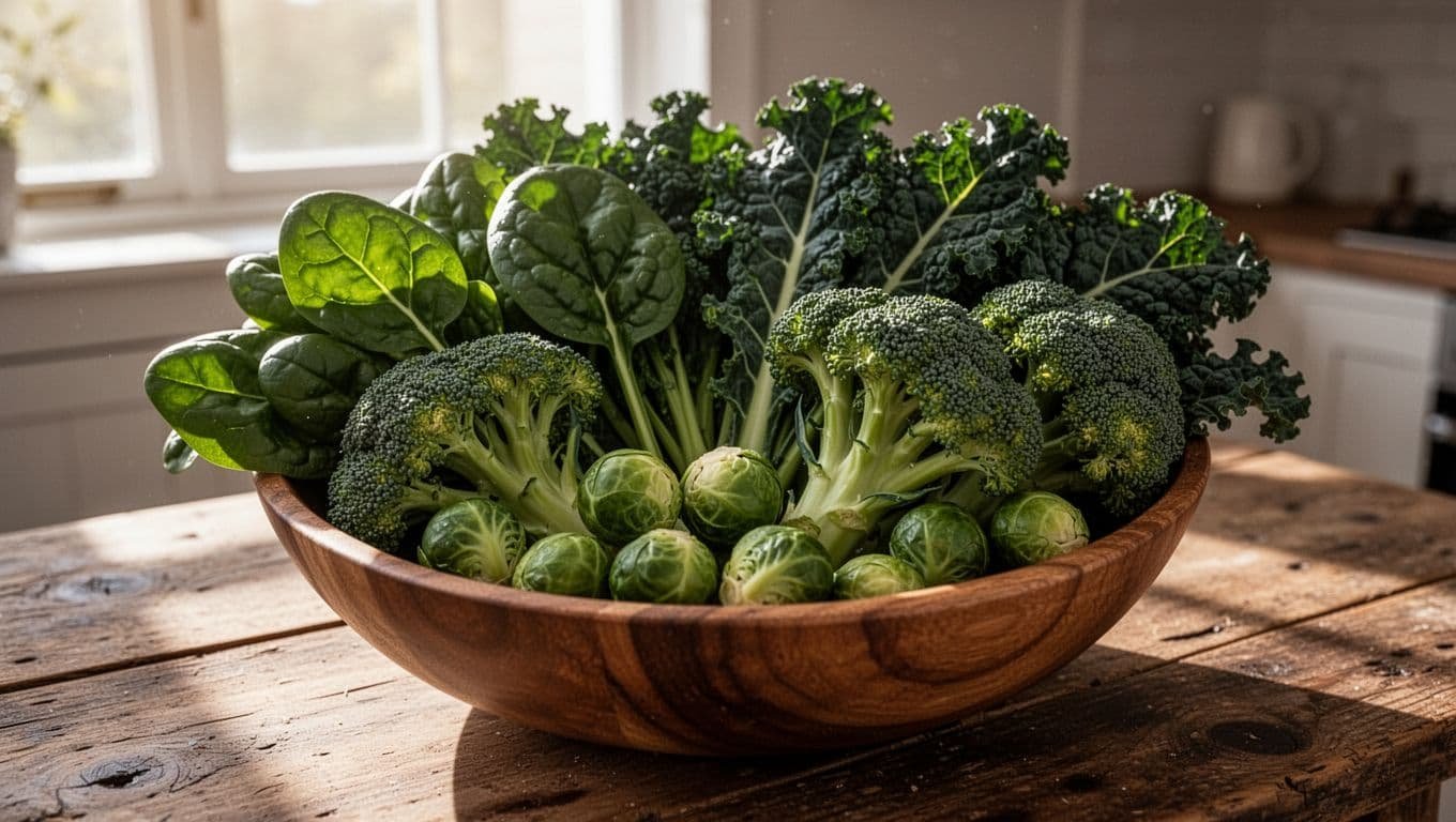 Fresh bunches of spinach and kale, broccoli heads, and Brussels sprouts fill a wooden bowl on a rustic kitchen table, illuminated by natural morning light in realistic high-detail photography.