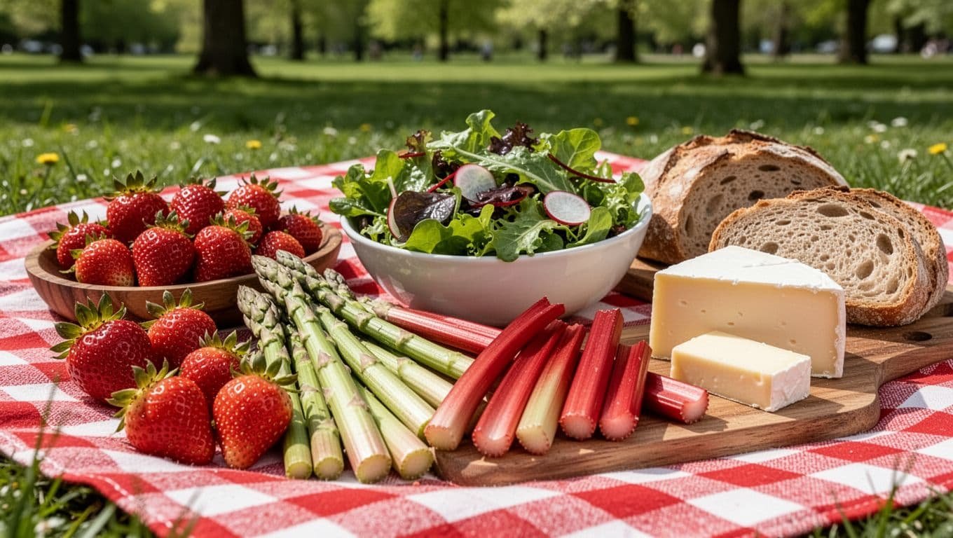 Checkered blanket with strawberries, asparagus spears, leafy greens salad, rhubarb slices, cheese, and bread in sunny park.