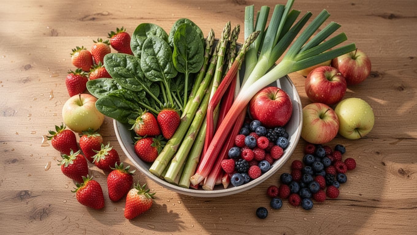 Top view of ripe strawberries, vibrant spinach, green asparagus, red rhubarb, spring onions, apples, and berries arranged on a wooden kitchen table with dew drops and natural morning light.