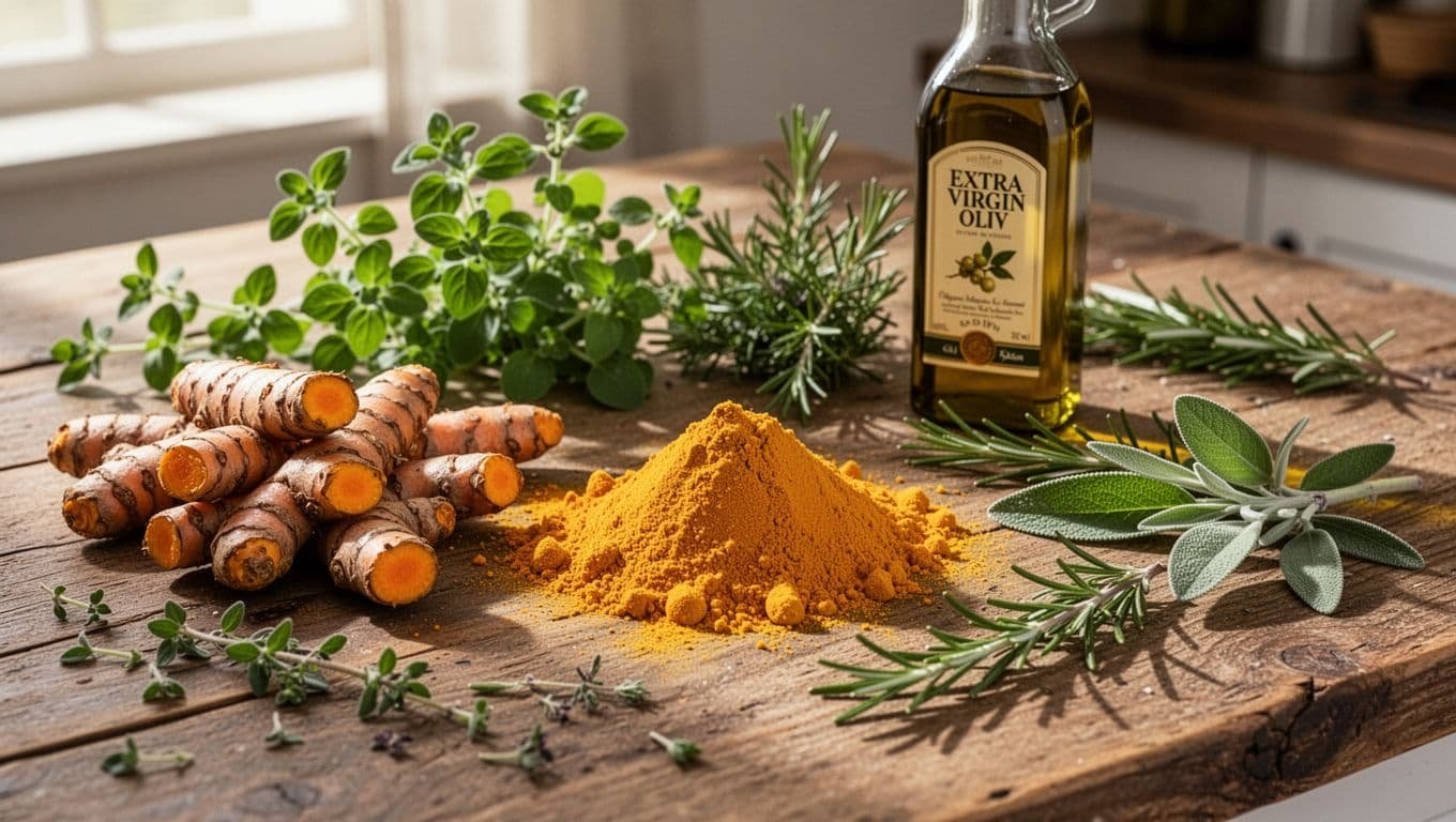 Fresh turmeric roots and golden powder with sprigs of oregano, rosemary, and sage, arranged with a bottle of extra virgin olive oil on a wooden kitchen counter scattered with herbs, captured in realistic high-detail food photography under natural morning light.