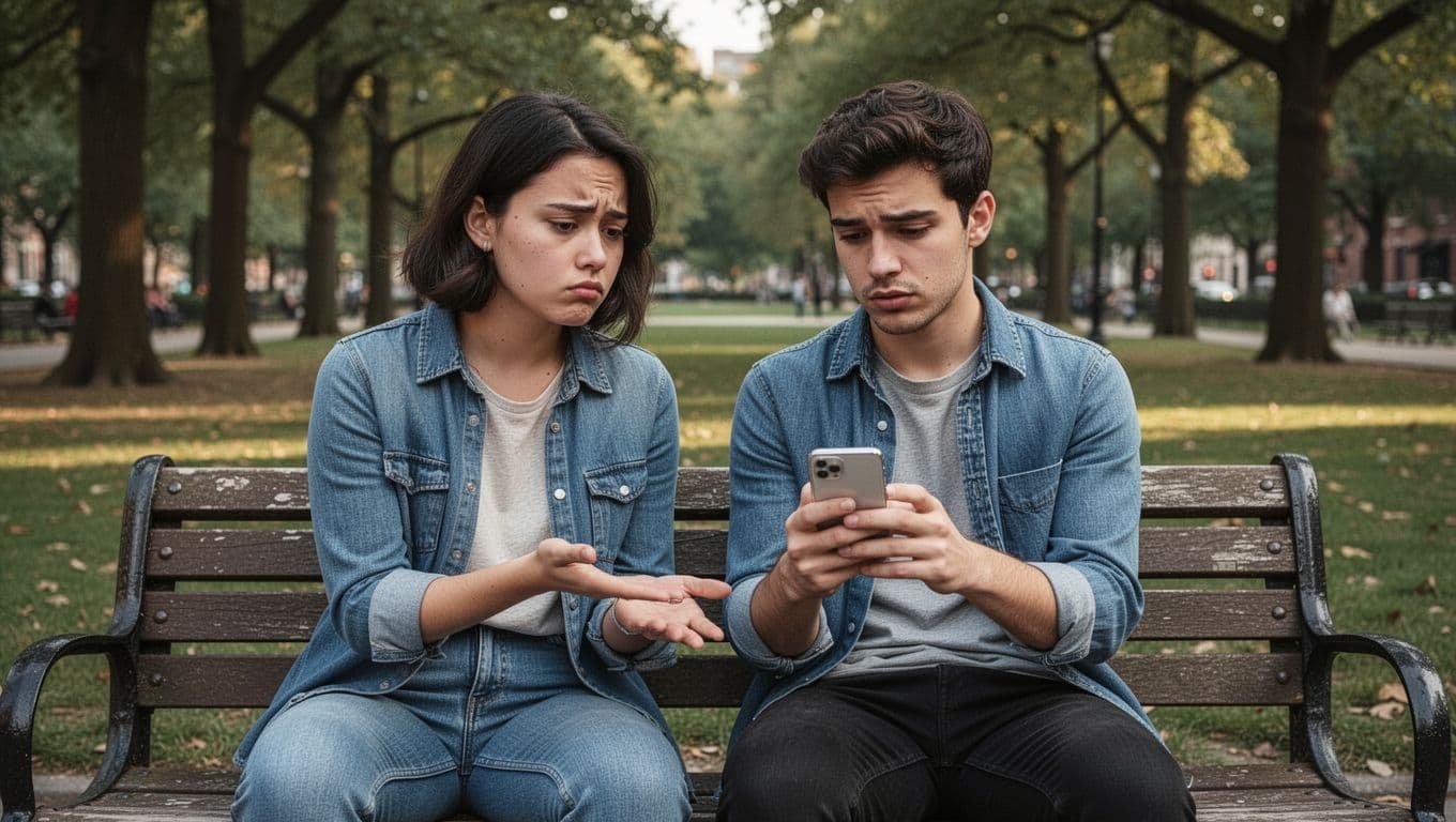 Two close friends sit on a park bench in natural daylight; one looks expectantly at the other's phone with subtle disappointment and an outstretched hand, while the other checks messages.