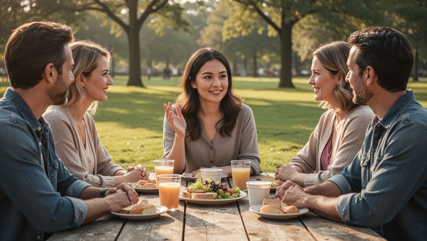 Group of four friends at a casual outdoor picnic table chatting, with one modestly humble woman subtly raising her hand to share a story, drawing the engaged attention of the others in warm afternoon sunlight.