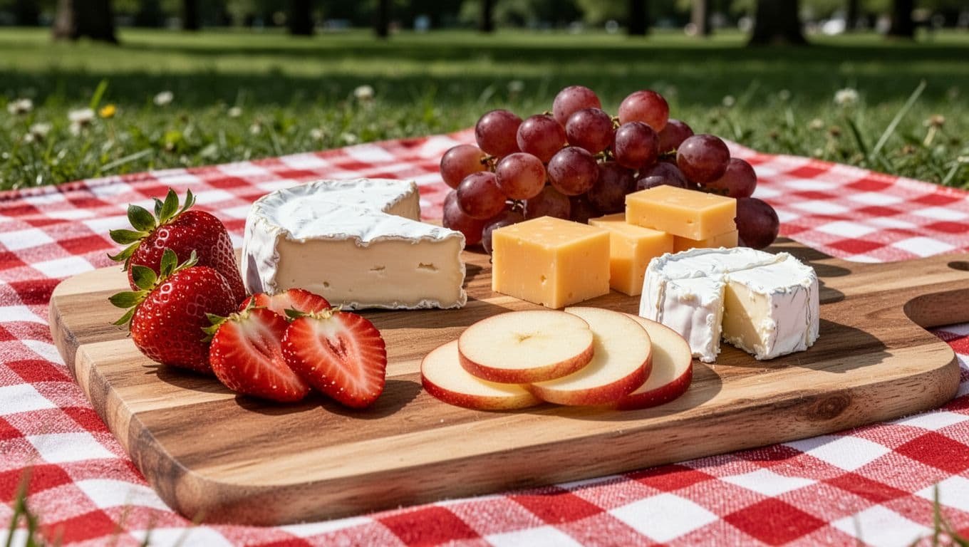 Strawberries with brie, grapes with cheddar, apples with goat cheese on wooden board atop checkered picnic blanket in sunny park.