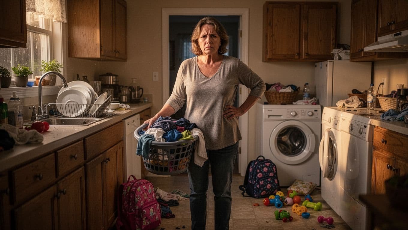 Tired middle-aged woman stands alone in a messy family kitchen and laundry area, holding an overflowing laundry basket, with dirty dishes piled in the sink and kids' backpacks and toys scattered, showing frustration from unequal household chores.