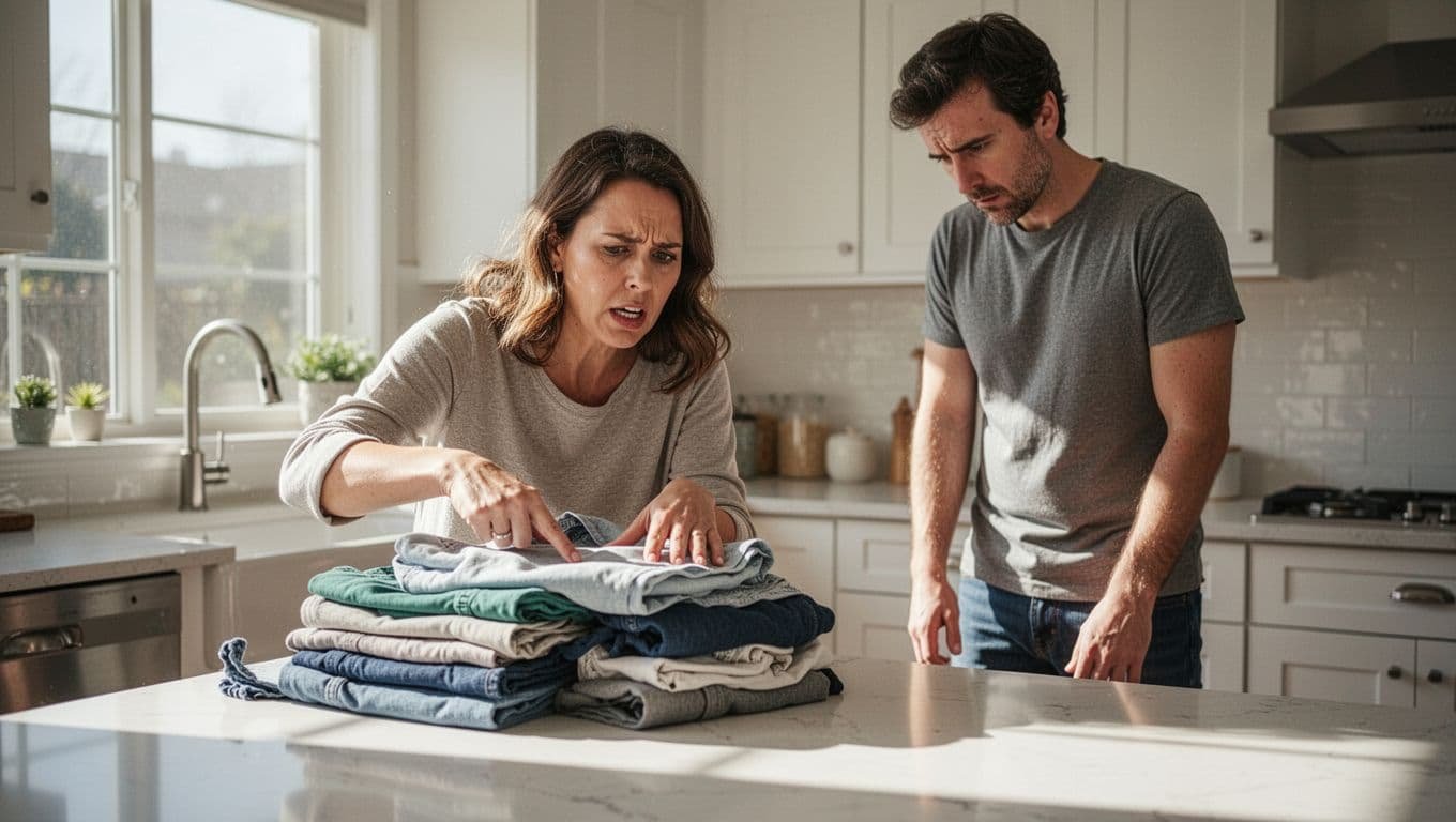 Realistic photo in a home kitchen with natural daylight showing a frustrated wife redoing her husband's laundry folding, pointing at mistakes, while he stands aside looking defeated; exactly two people, no text.