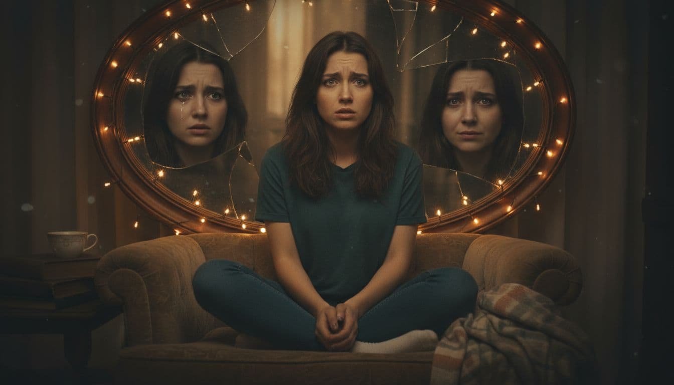 A thoughtful young woman sits alone in a dimly lit room, staring confusedly at her reflection in a cracked mirror, symbolizing the inner turmoil and self-doubt caused by gaslighting.