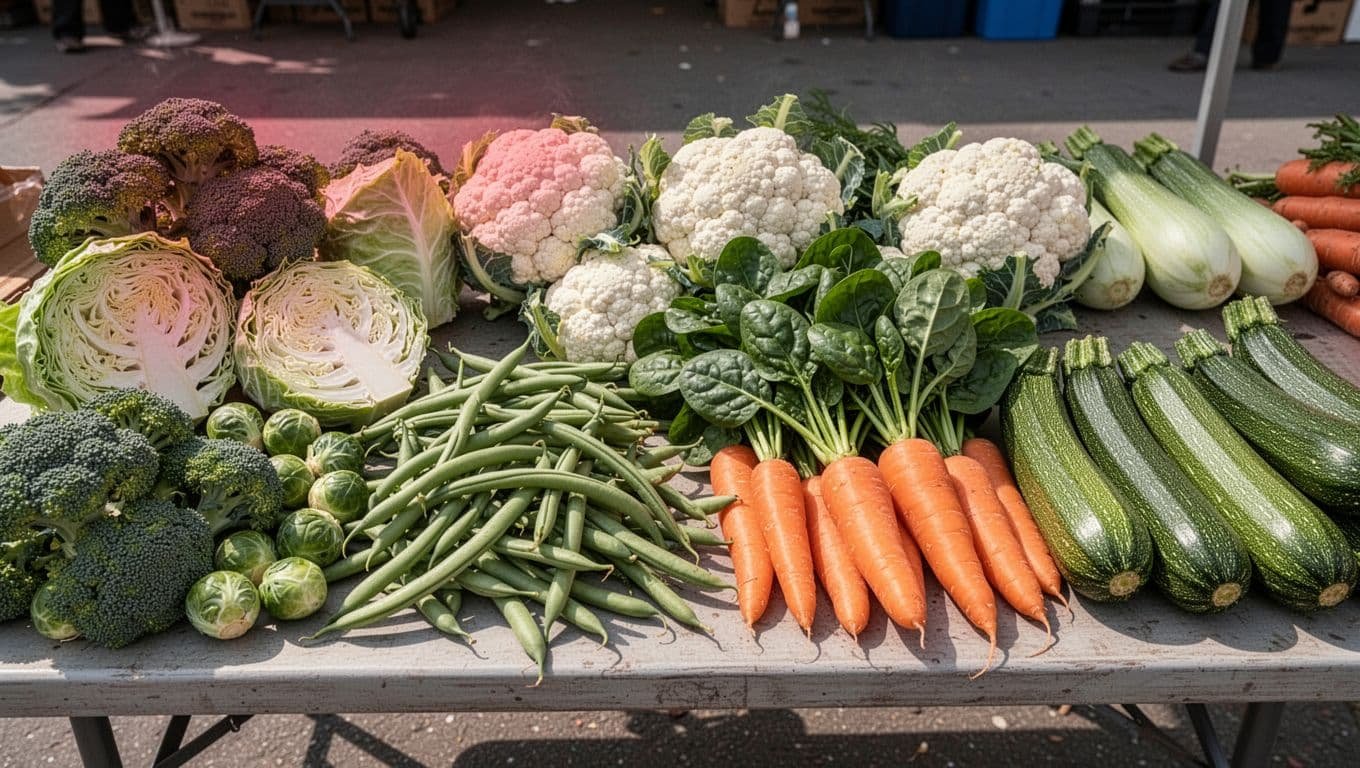 Photorealistic fresh produce market table displaying gas-producing vegetables like broccoli, cabbage, and beans with faint red prohibition symbols, contrasted with safe alternatives such as spinach, carrots, and zucchini in natural outdoor daylight, no people or text.