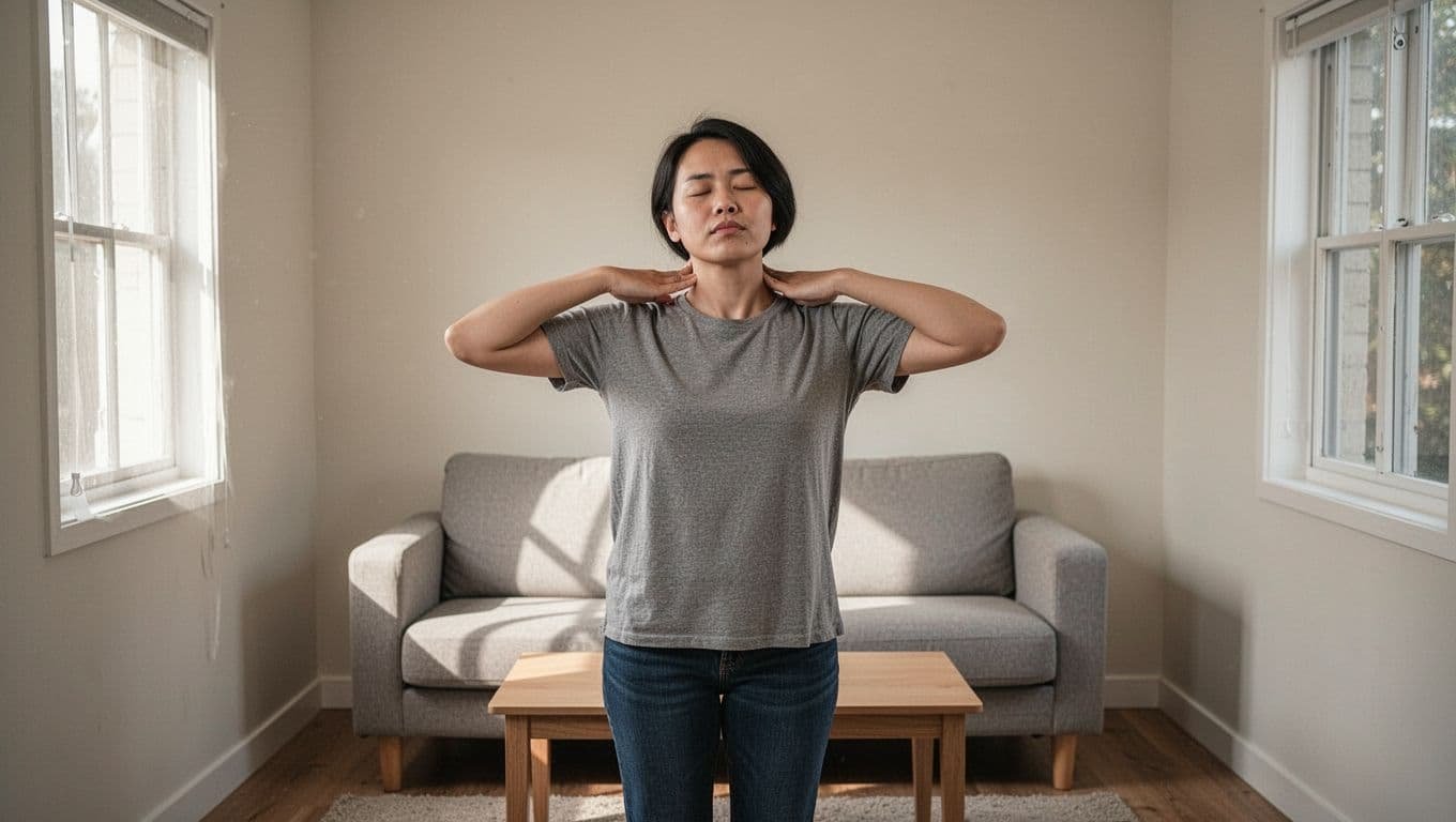 One person stands relaxed in a small living room doing gentle neck rolls and shoulder shrugs.