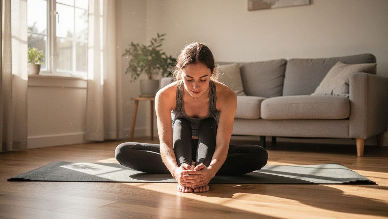 A young adult performs simple gentle stretches like seated forward fold or child's pose on a yoga mat in a bright home living room, illuminated by morning natural light, with a relaxed confident posture fostering a strong mind-body connection.