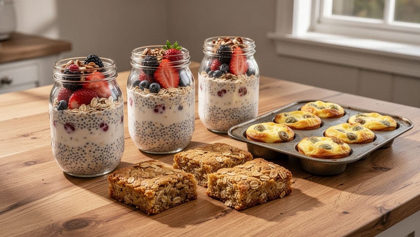 Three glass jars of layered overnight oats with milk, chia seeds, fruits, and nuts; two baked oatmeal bars on a tray; and six colorful egg muffins in a tin, arranged on a kitchen table in soft morning light.