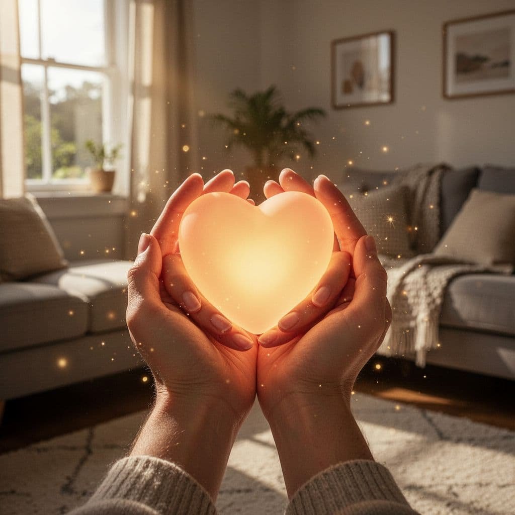 A soft glowing heart shape is gently held by two relaxed hands in a cozy home setting with warm sunlight streaming from a window. Subtle floating icons represent kind acts like helping hands and shared meals, captured in realistic photograph style focusing solely on the heart and hands.