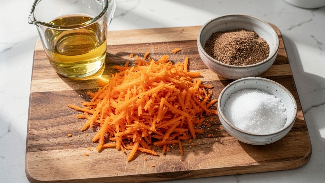 Fresh orange carrots finely grated on a wooden cutting board in a bright kitchen, with piles of moist shreds next to a bottle of vegetable oil and bowls of brown and white sugar. Top-down composition in natural daylight lighting, photorealistic food photography style.