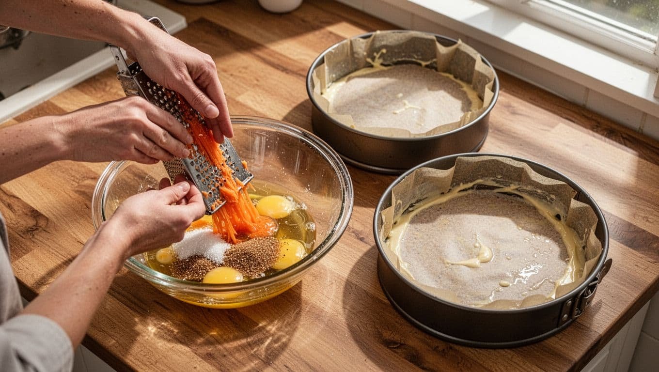 Hands-only view grating fresh orange carrots into a glass bowl with wet ingredients like eggs, oil, and sugars, beside two greased and lined 8-inch cake pans on a wooden counter.