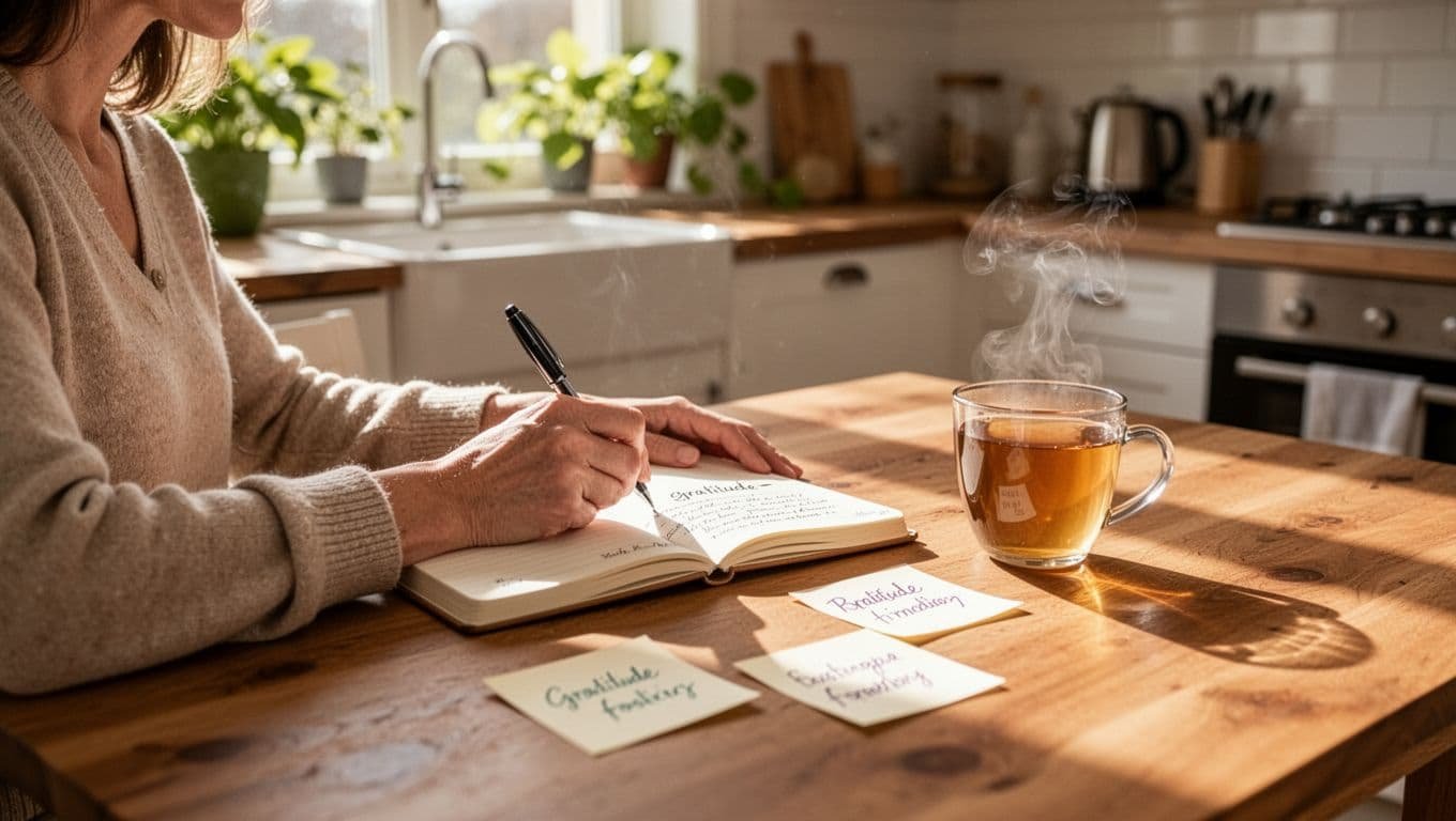 A single person sits relaxed at a wooden kitchen table in a bright home, writing in an open gratitude journal with a pen, blurred positive notes visible, cup of tea nearby, and morning sunlight through a window with plants.