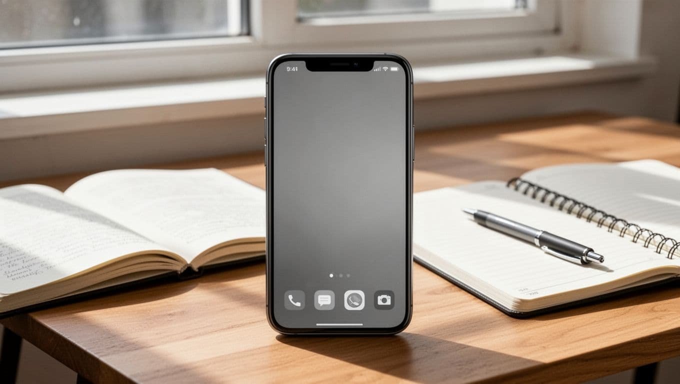 Smartphone displaying simple grayscale home screen without notifications or icons, on clean wooden desk with notebook and pen, bright natural daylight, realistic high-detail photography.