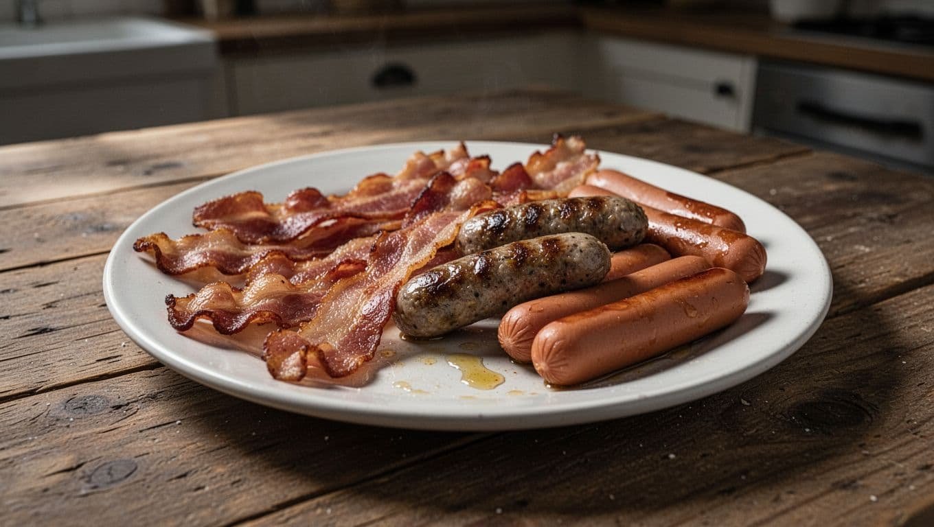 Plate of crispy bacon strips, sausage links, and hot dogs arranged unappetizingly with visible grease on a wooden table under dim kitchen lighting.