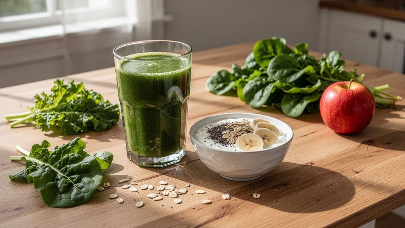 Clear glass of vibrant green juice beside a small bowl of plain yogurt topped with chia seeds, oats, and sliced banana on a wooden kitchen table, with scattered fresh leafy greens and apple nearby.
