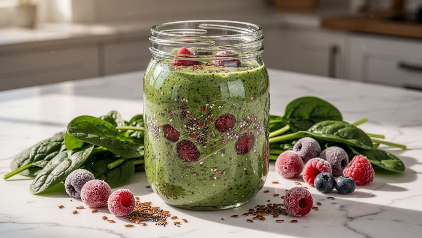 Clear glass jar of thick green smoothie with visible flaxseeds and chia seeds, beside fresh spinach leaves and berries on marble counter.