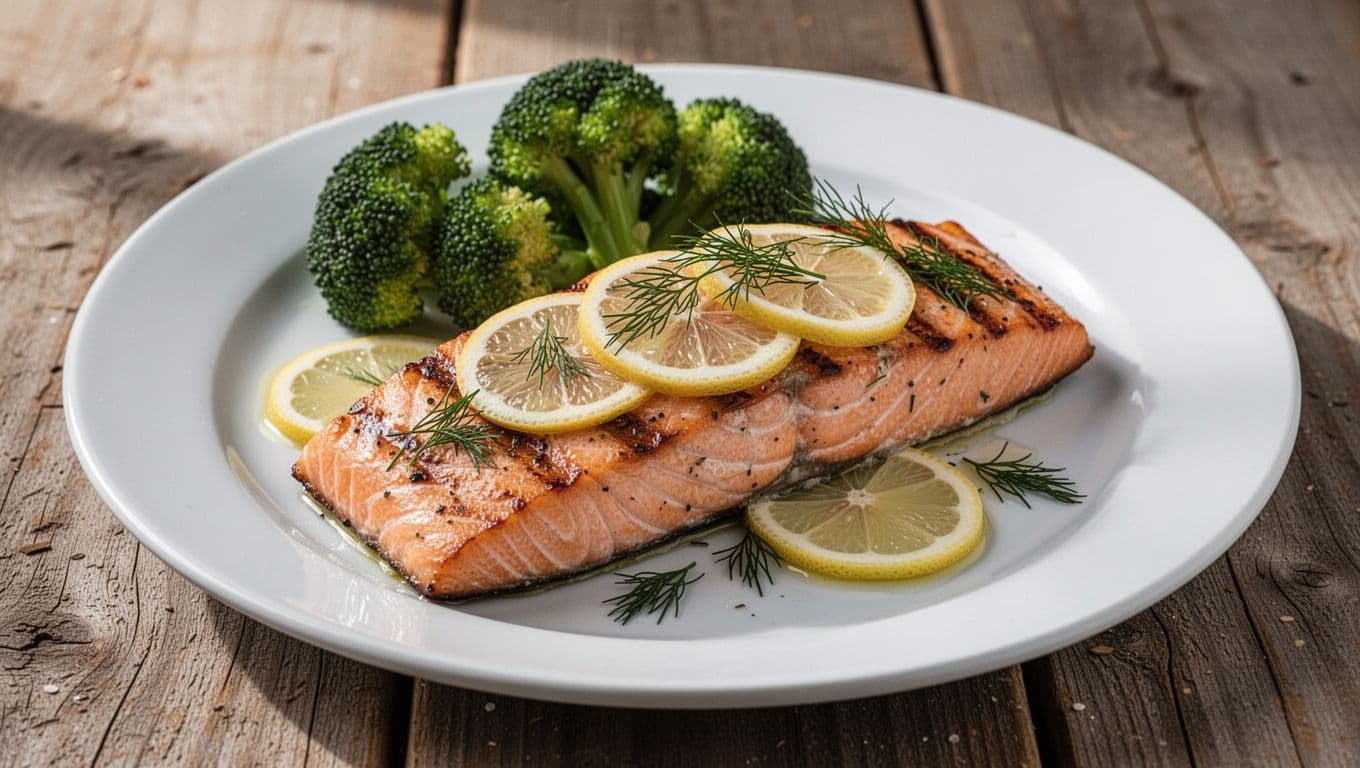 Grilled salmon fillet topped with lemon slices and dill on a white plate with steamed broccoli beside it on a wooden table.