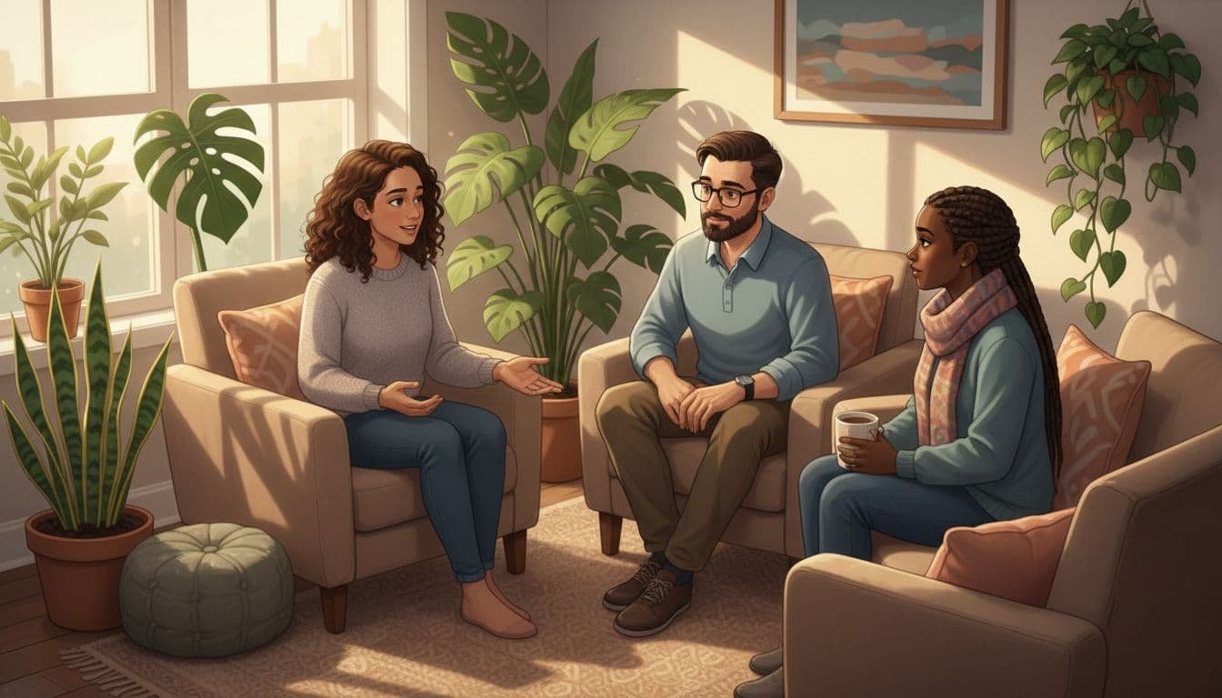 Diverse group of three adults in a cozy therapy room sits in a circle, one speaking calmly about post-breakup healing while others listen empathetically in a supportive atmosphere.