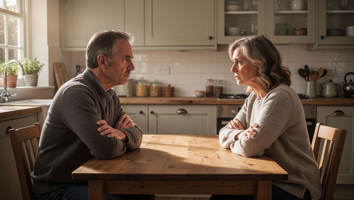 A middle-aged couple sits face-to-face at a wooden kitchen table in a homey kitchen, both with crossed arms and tense, guarded expressions conveying emotional unsafety and inability to open up.