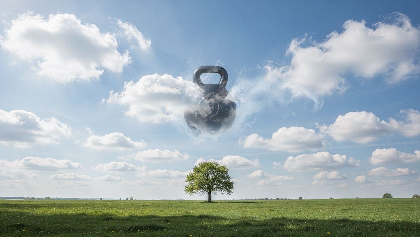 Serene blue sky with fluffy white clouds drifting peacefully, one resembling a heavy weight dissolving into mist, over a calm green meadow with a single tree, soft diffused sunlight in realistic photographic style.