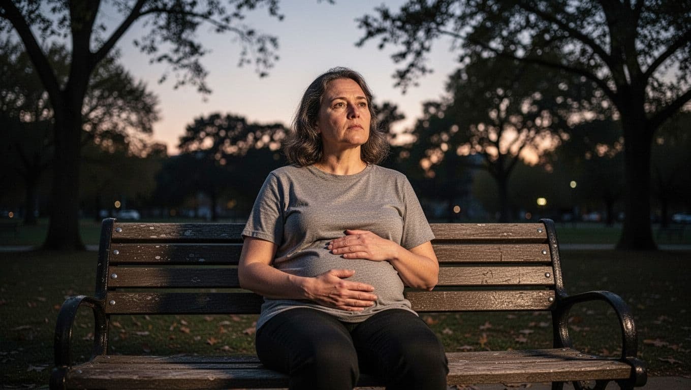 A person sits alone on a park bench at dusk, hand on stomach representing gut intuition for relationship change, thoughtful serene expression in soft warm lighting.