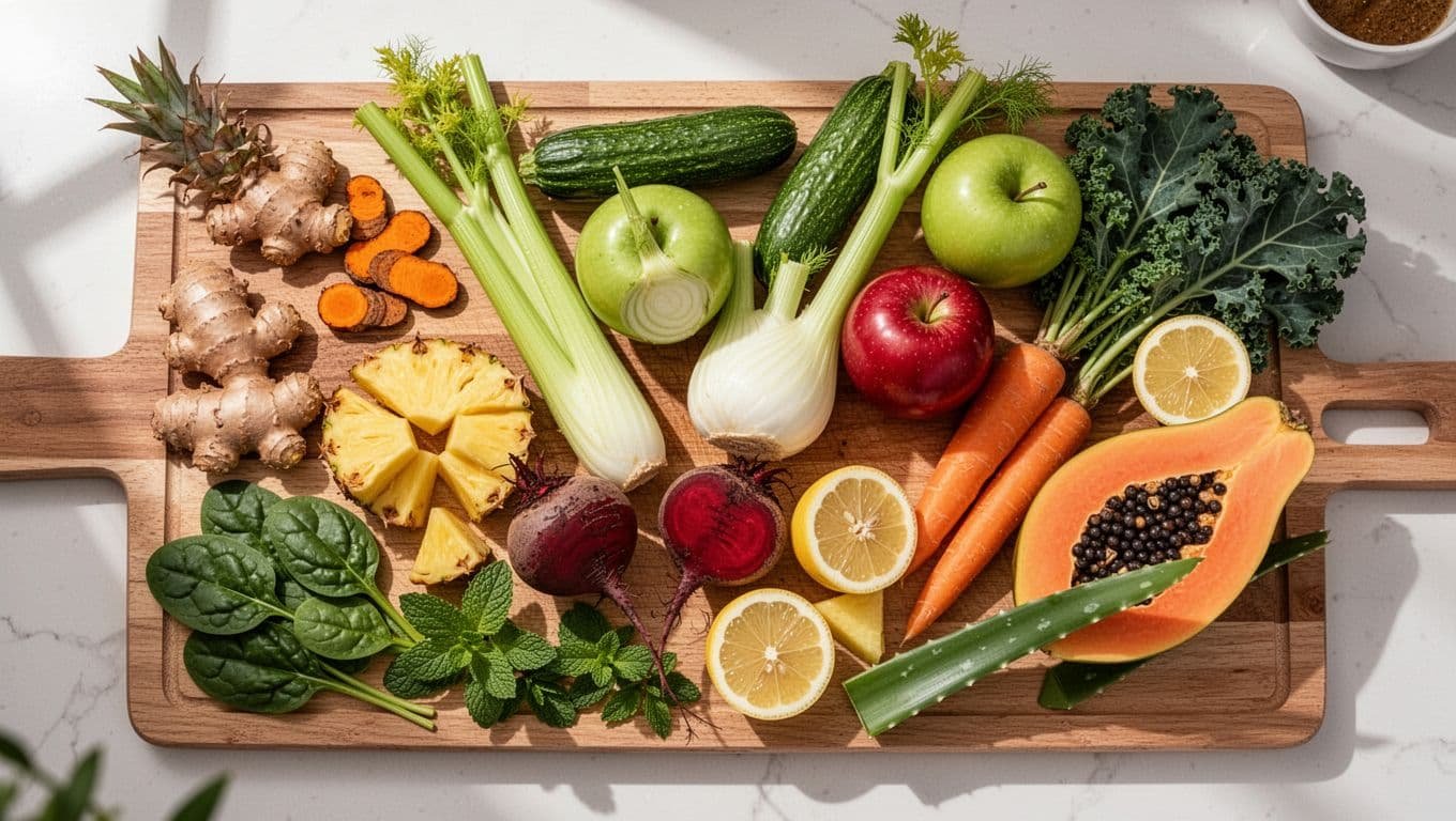 Vibrant assortment of fresh gut-friendly juicing ingredients like ginger, turmeric, celery, cucumber, apples, beets, and greens arranged on a wooden cutting board in a sunlit kitchen, captured in top-down photorealistic style with natural lighting and high detail.