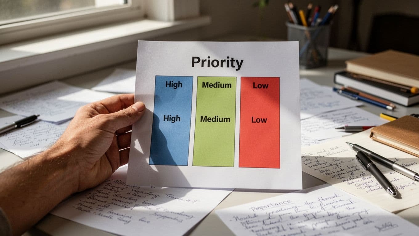 Realistic photo of a relaxed hand holding a simple paper chart ranking exam topics by high, medium, and low priority based on exam weight and personal gaps, over study notes on a desk with soft lighting and clean composition.
