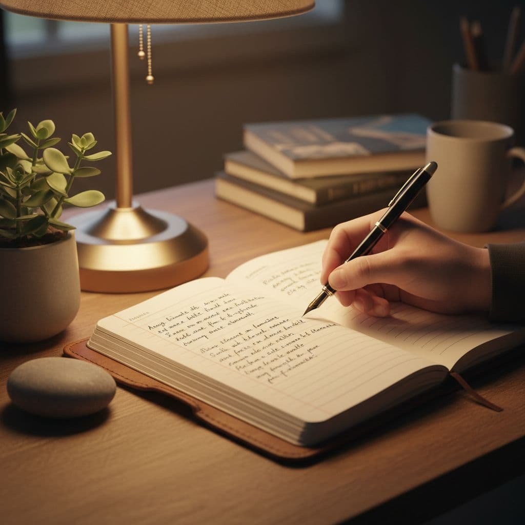 Close-up of a person's hand writing simple notes in an open journal on a wooden desk under soft warm lamp light, with grounding elements like a stone and plant nearby, emphasizing the journaling process.