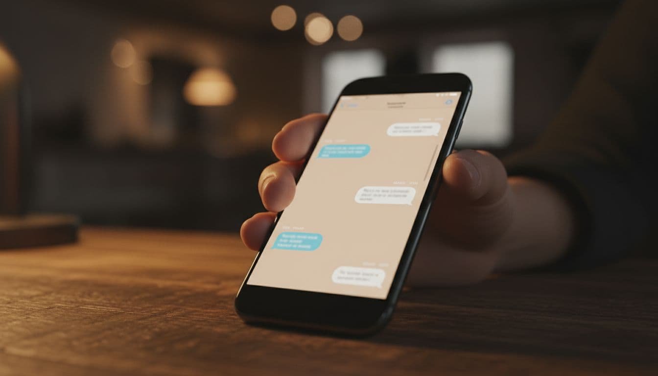 A hand holds a smartphone on a wooden table, screen displaying a chat thread with messages spaced days apart like flirty texts, in dim warm lighting.