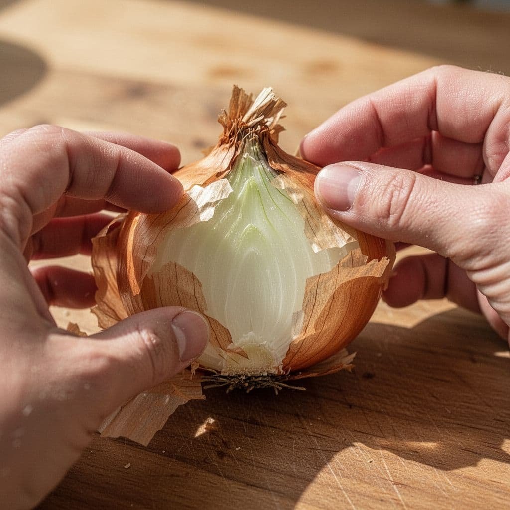 Two hands peel back onion layers to reveal soft core.