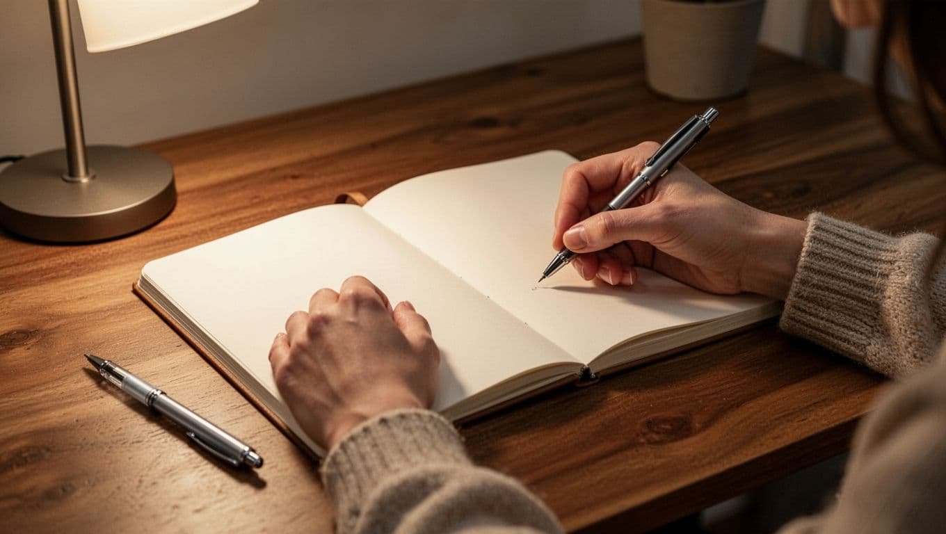 Close-up of two hands writing in an open journal notebook on a wooden desk in a cozy home office with soft lamp light, evoking a thoughtful and focused journaling vibe for emotional clarity.