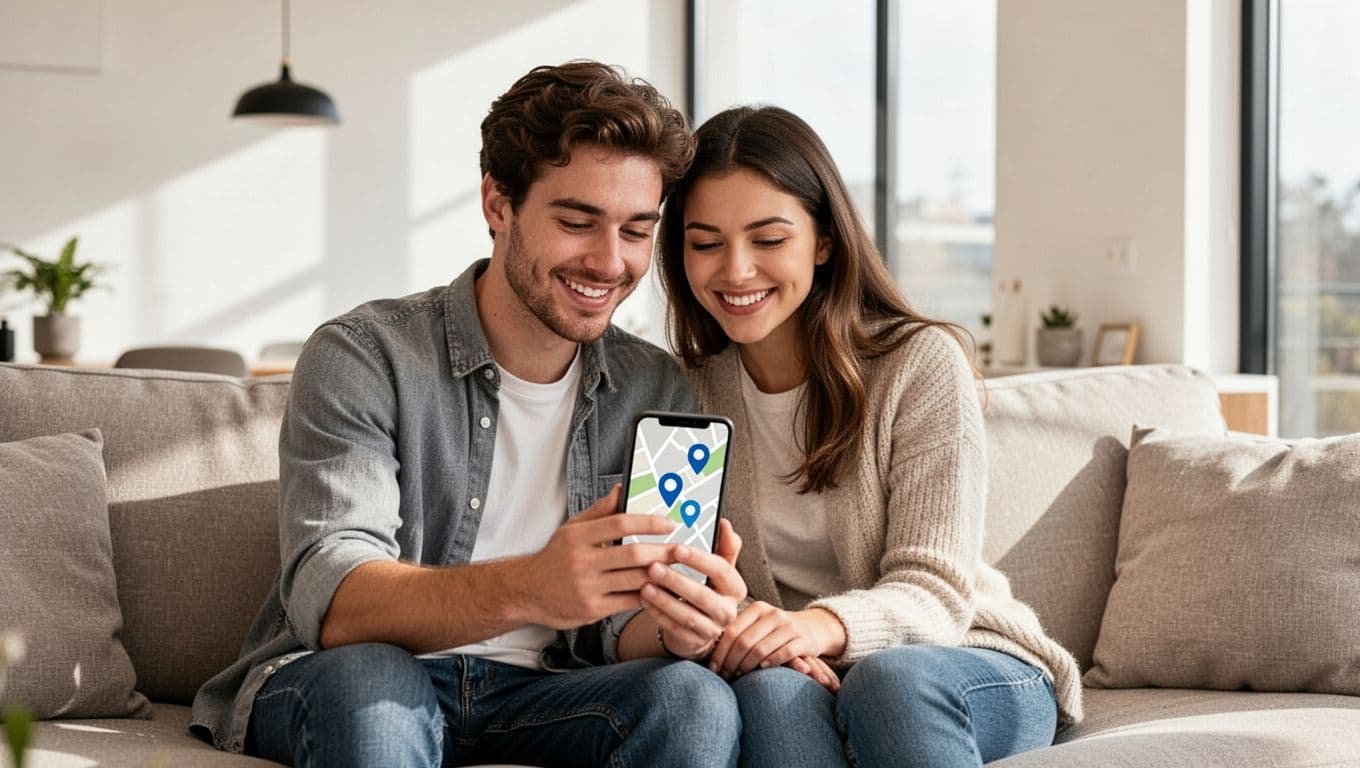 A happy couple sitting close on a comfortable couch in a bright modern living room, viewing a smartphone screen together that shows a simple map with location pins, relaxed natural smiles and open body language.