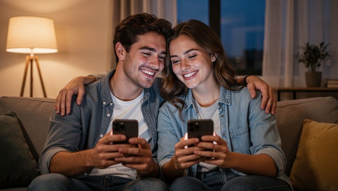 Happy young couple in mid-20s sitting close on cozy couch in modern living room evening, smiling affectionately at each other while holding phones showing casual daily texts vibe, relaxed natural poses.