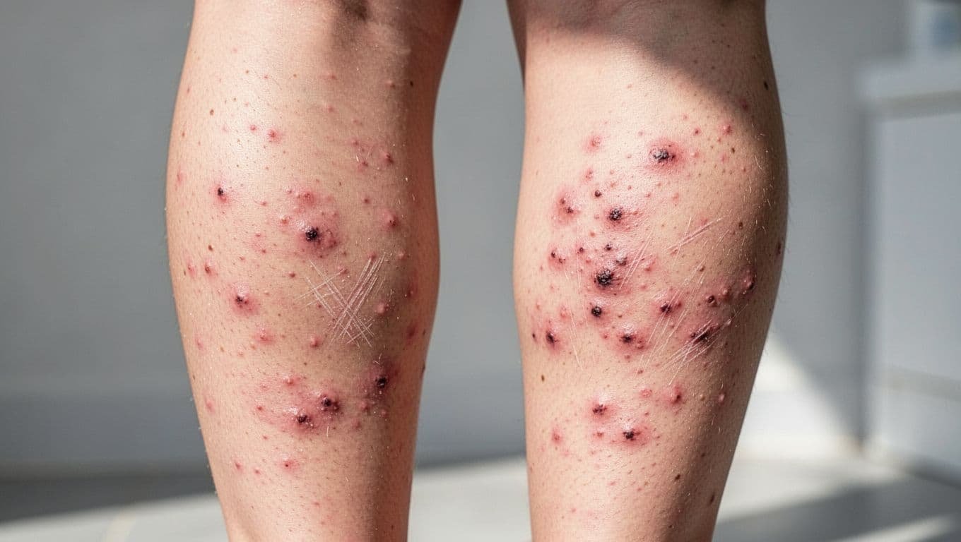 Close-up of light skin on woman's lower legs showing red irritated patches, inflamed dark pores, and subtle scratching marks from harsh scrubbing and picking, in realistic clinical style.