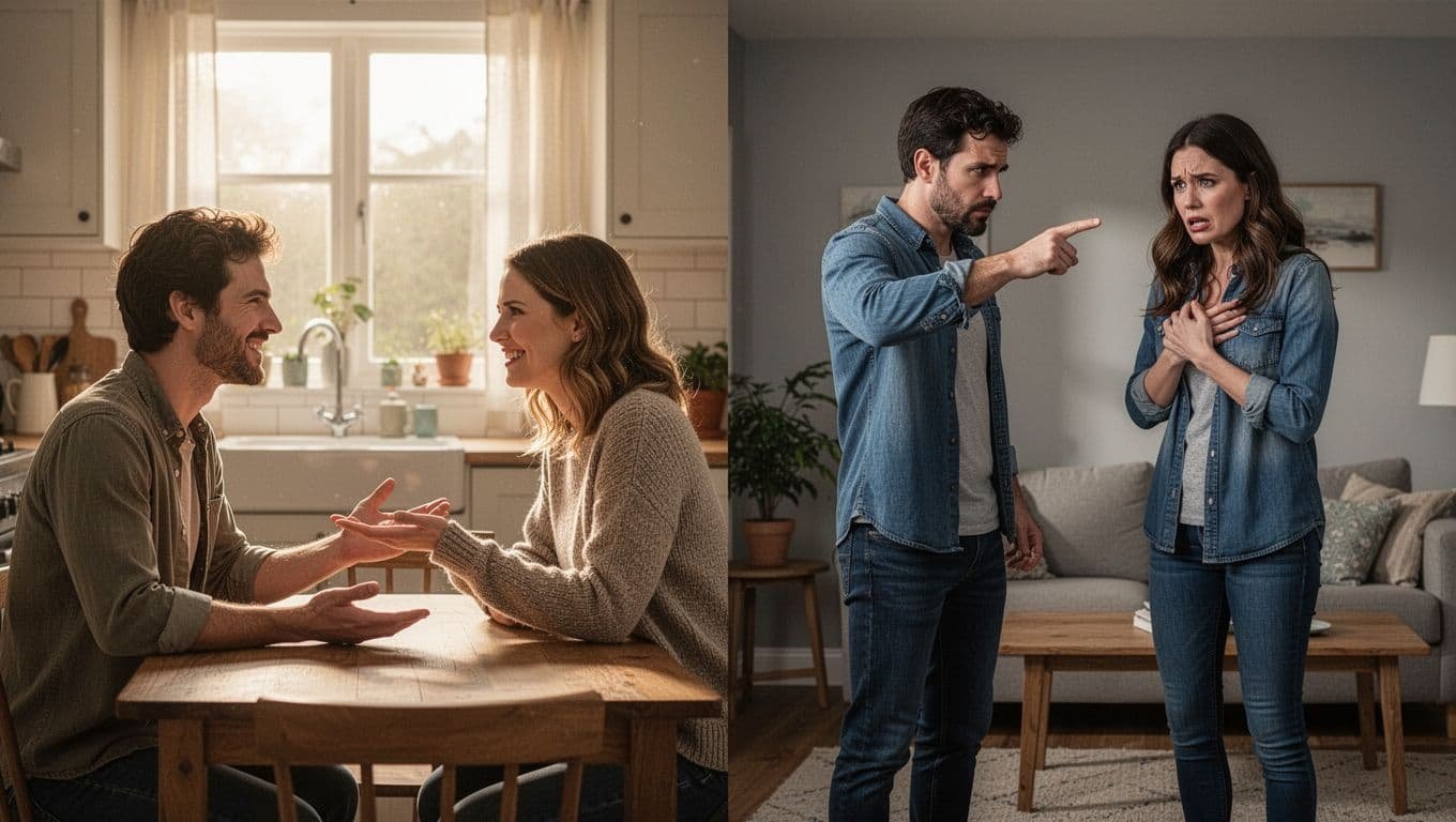 Split landscape image contrasting a relaxed couple having a calm boundary conversation at a kitchen table with a tense couple showing controlling behavior in a living room.
