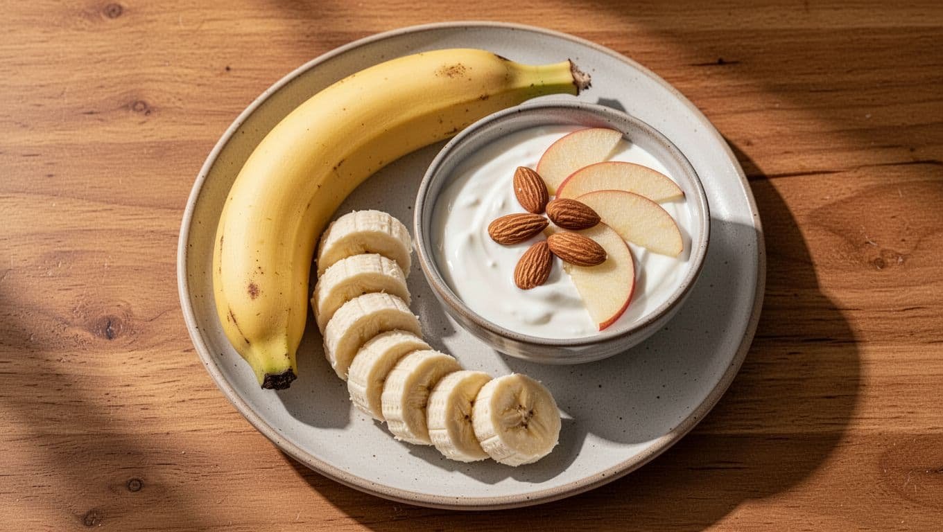 Top-down view of a simple breakfast plate on a wooden table: one medium ripe banana sliced into pieces next to a small bowl of plain yogurt topped with a few almonds and apple slices, fresh and appetizing.