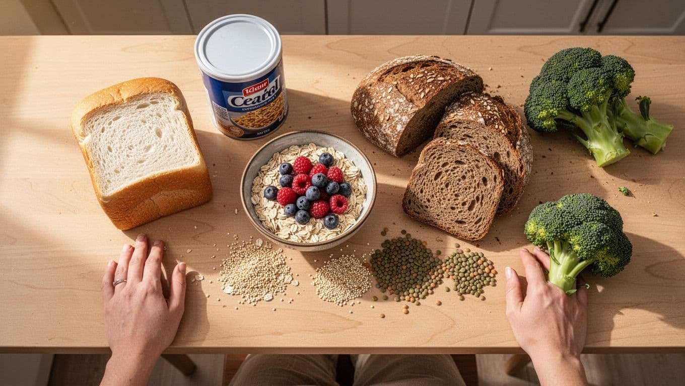 Top-down view of a kitchen table contrasting unhealthy refined carbs like white bread and sugary cereal pushed aside with healthy fiber-rich alternatives including oats topped with berries, whole grain rye bread, quinoa, lentils, and fresh broccoli, with two hands resting on the table edge under warm sunlight.