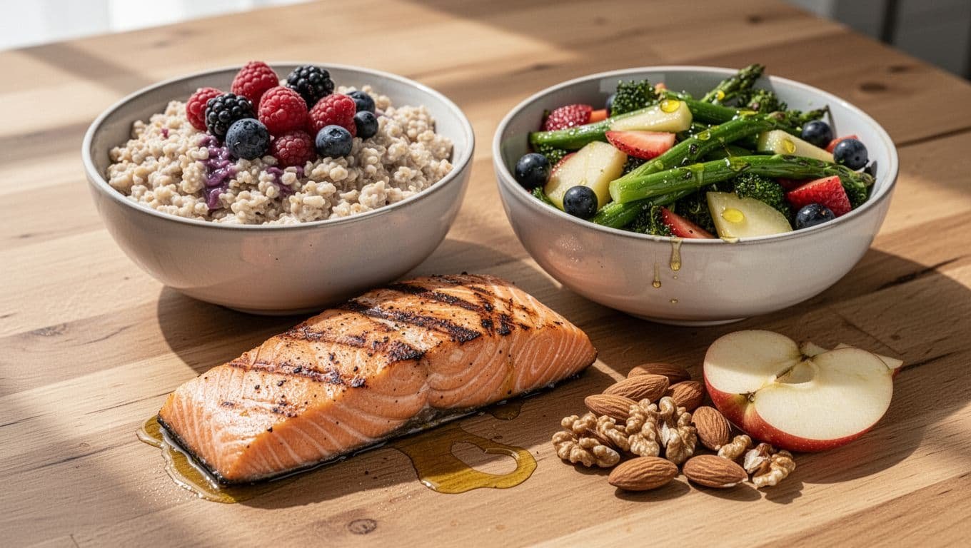 Appetizing arrangement of cholesterol-lowering foods: grilled salmon fillet, steel-cut oats with fresh berries, mixed vegetables with olive oil, almonds, walnuts, and apple slices on a wooden table.