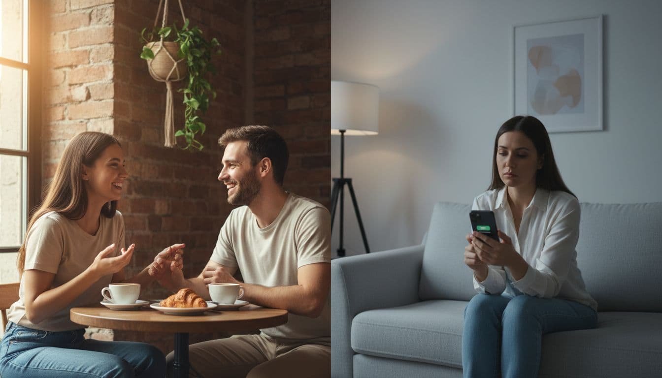 Split-scene realistic photo contrasting a joyful couple in deep conversation at a cozy cafe (left) with a solitary person disappointedly checking sparse phone notifications in a living room (right).